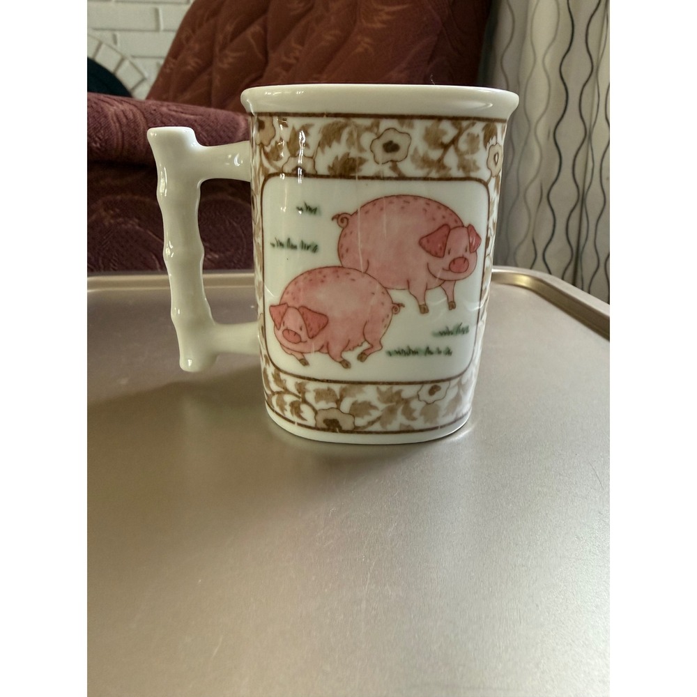 Vintage Brinn's Japan Pink Pig Mug Faux Bamboo Handle Ceramic Farmhouse Decor